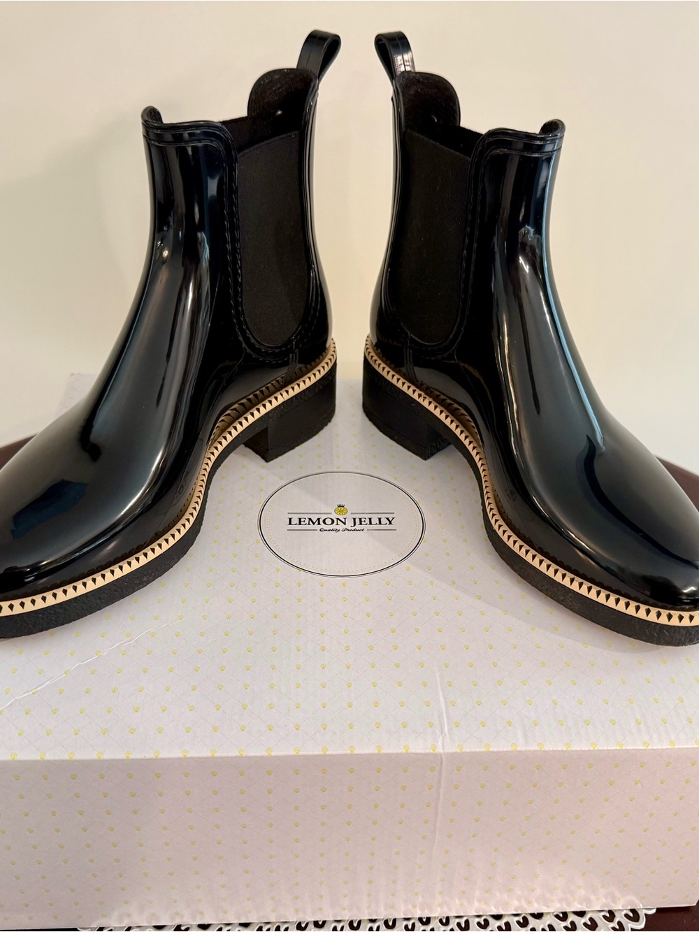 Lemon Jelly Black Patent Chelsea Booties with Gold Trim